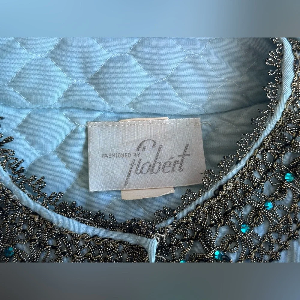 Vintage 70s Flobert Edwardian Baby Blue Bling Quilt Mod Long Robe House Coat - Picture 9 of 16